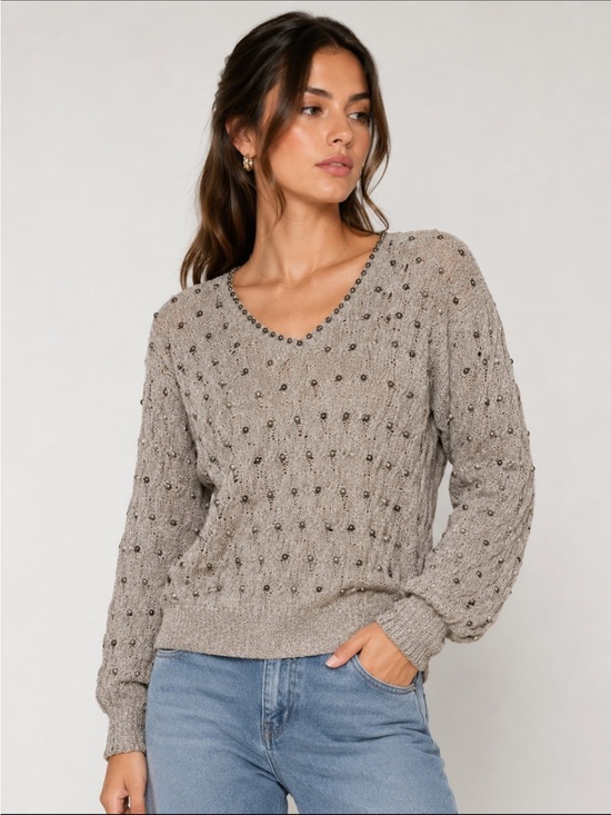Alba Sweaters - Cable Knitted Lightweight V Neck Tan Handmade Sweater Perl Clusters Small